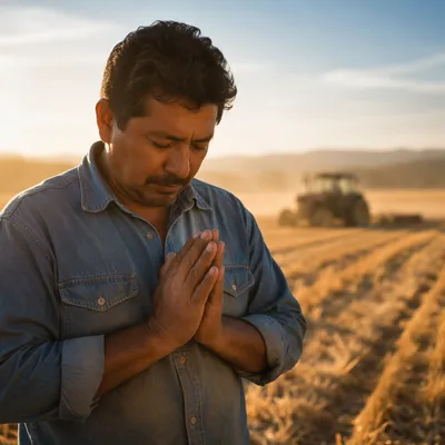 Farmer Praying in Harvest Field at Sunset