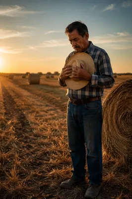 Farmer Praying in Harvested Wheat Field