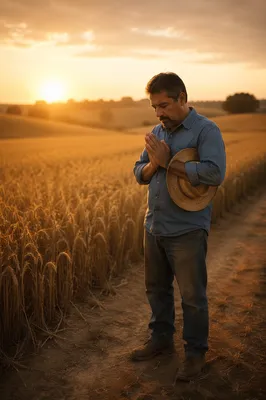 Farmer Praying Beside Wheat Field at Sunset