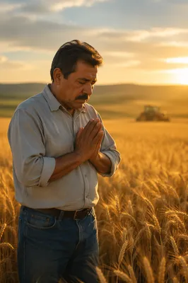 Farmer Praying in Wheat Field at Sunset