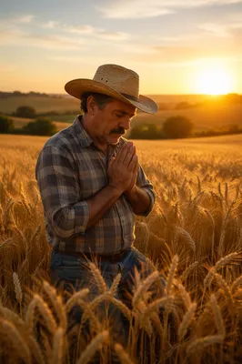 Farmer Praying in Golden Wheat Field