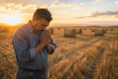 Farmer Praying by Harvested Wheat Field