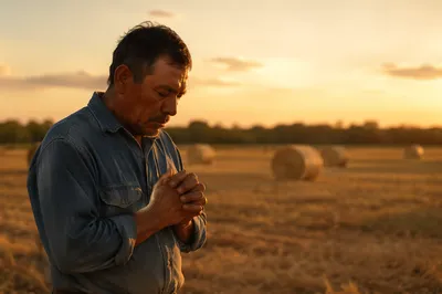 Farmer Praying by Harvested Wheat Field