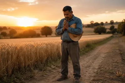 Farmer Praying Beside Wheat Field at Sunset