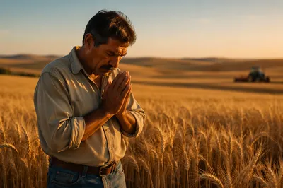Farmer Praying in Wheat Field at Sunset