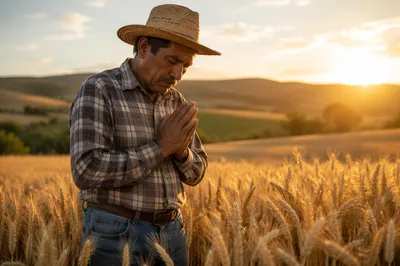 Farmer Praying in Golden Wheat Field