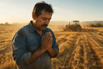 Farmer Praying in Golden Harvest Field