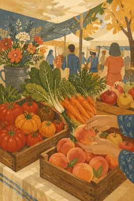 Sunlit Farmers Market Produce Stand Scene