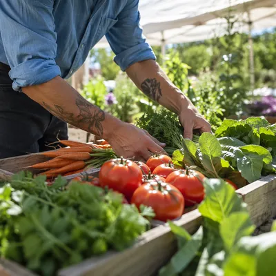 Fresh Produce Arranged at Outdoor Market Stand