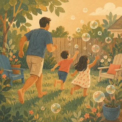 Father Playing With Kids in Backyard