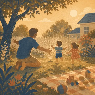 Joyful Father and Kids in Backyard