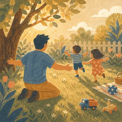 Father Playing with Kids at Sunset