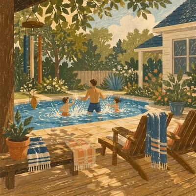 Father Playing with Kids by Pool