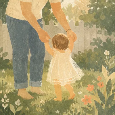 Father Guiding Toddler Steps in Backyard