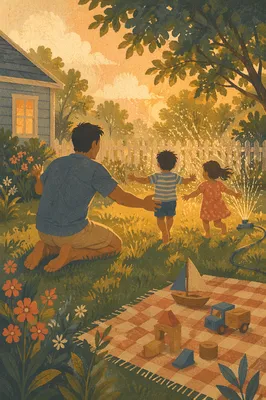 Father Playing with Kids at Sunset