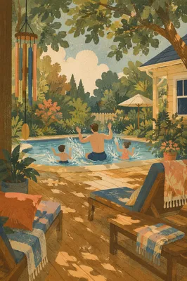 Father Playing with Children by Pool