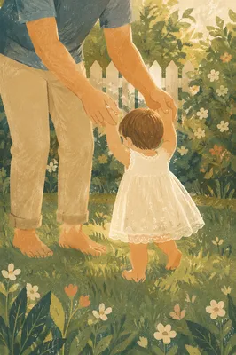 Father Helping Toddler Walk in Backyard