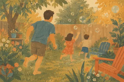 Father Playing with Kids in Backyard