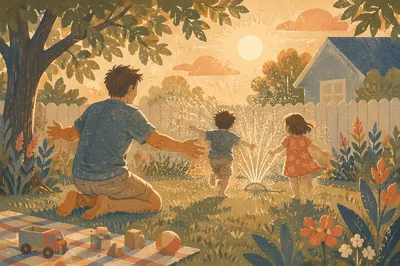 Father Playing With Kids at Sunset Backyard