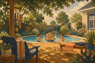 Father Playing with Children by Backyard Pool