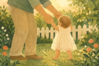 Father Guiding Toddler Steps in Backyard