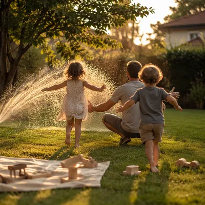 Joyful Father Playing with Kids Backyard