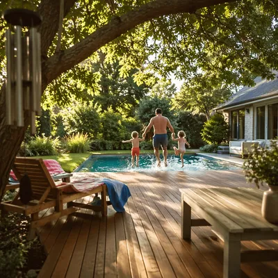 Father Playing With Kids by Pool