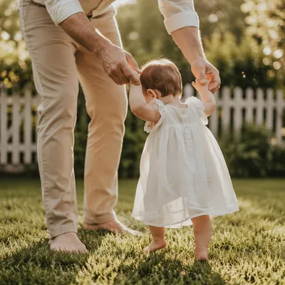 Father Helping Toddler Walk in Backyard