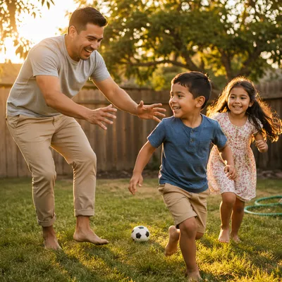 Father Playing Tag with Children Backyard