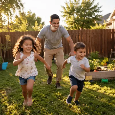 Father Playing Chase with Children Backyard