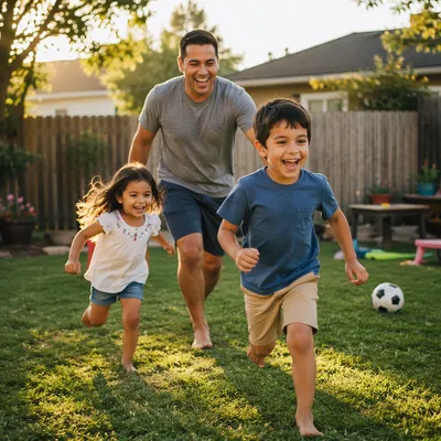 Father Playing Chase with Children Backyard