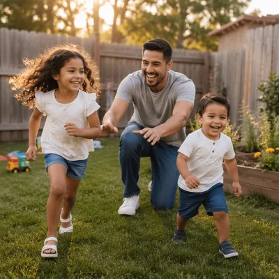 Father Playing Chase with Children Backyard