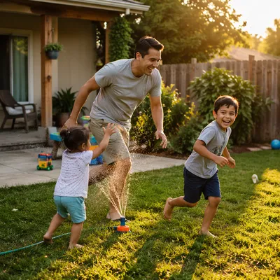 Father Playing Tag with Children Backyard
