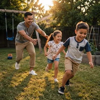 Father Playing Tag with Children Backyard