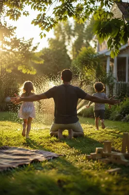 Father Playing with Kids in Backyard