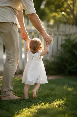 Father Helping Toddler Walk in Backyard