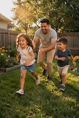 Father Playing Chase with Kids Backyard