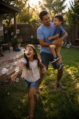 Father Playing with Children in Backyard