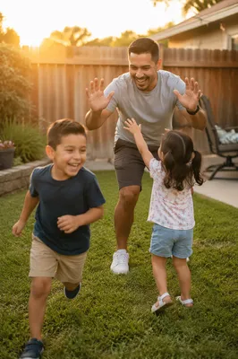Father Playing Tag with Children Backyard