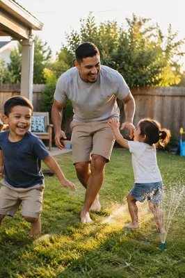 Father Playing Tag with Children Backyard