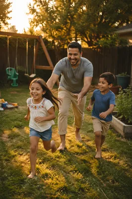 Father Playing Tag with Children Backyard
