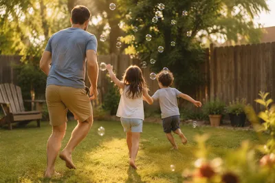 Father Playing with Kids in Backyard