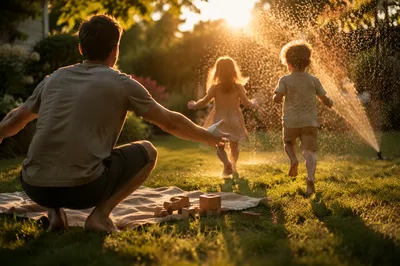 Father Playing With Kids at Golden Hour
