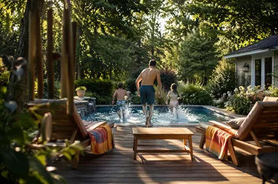 Father Playing with Kids by Backyard Pool