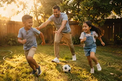 Father Playing Tag with Kids Backyard