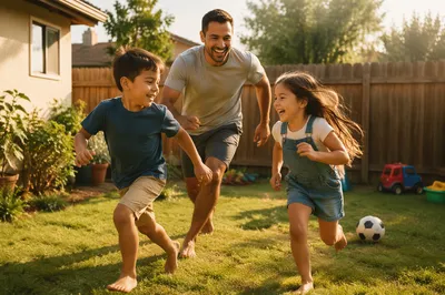 Father Playing Chase with Children Backyard