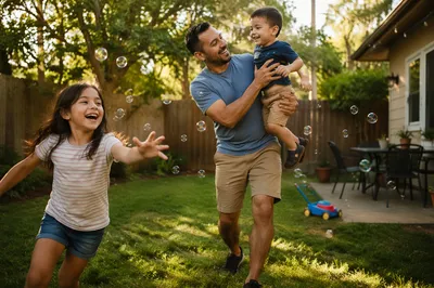 Father Playing with Children in Backyard