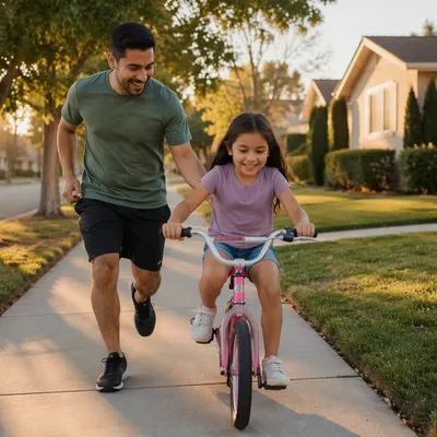 Father Teaching Daughter to Ride Bicycle