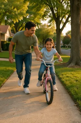 Father Teaching Daughter to Ride Bicycle
