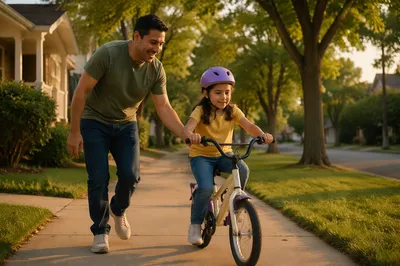 Father Teaching Daughter to Ride Bicycle